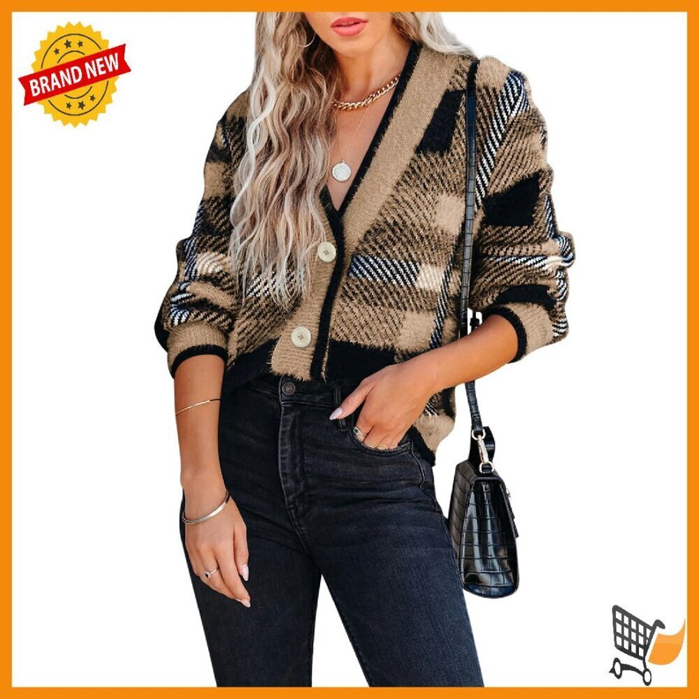 Womens Plaid Fuzzy Knit V Neck Button Down Cardigan Sweater